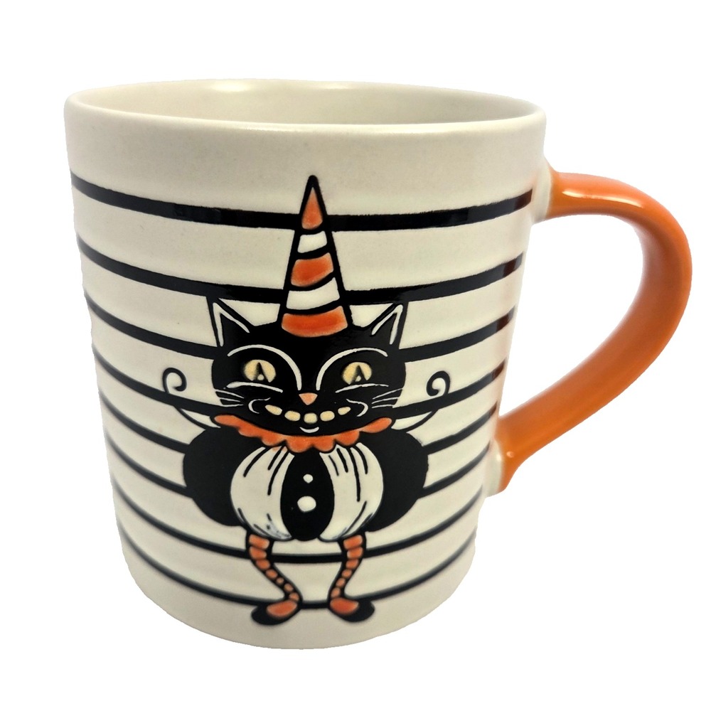 Spectrum Designz Black Cat Halloween Mug Striped Ceramic Coffee Cup 16oz NWT